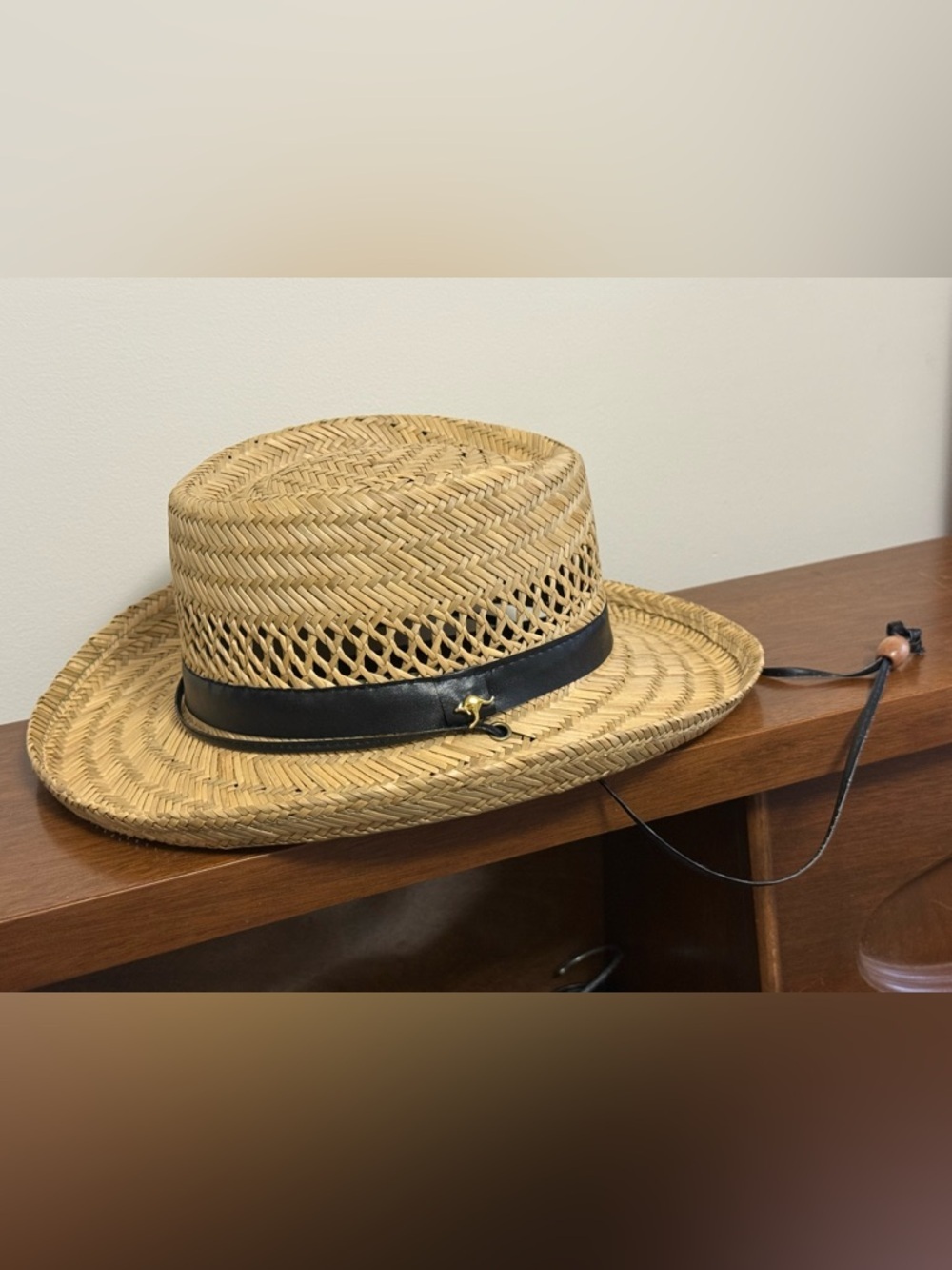Stone Age Woven 100% Natural Straw Boater Hat with Black Band Neck Strap Unisex